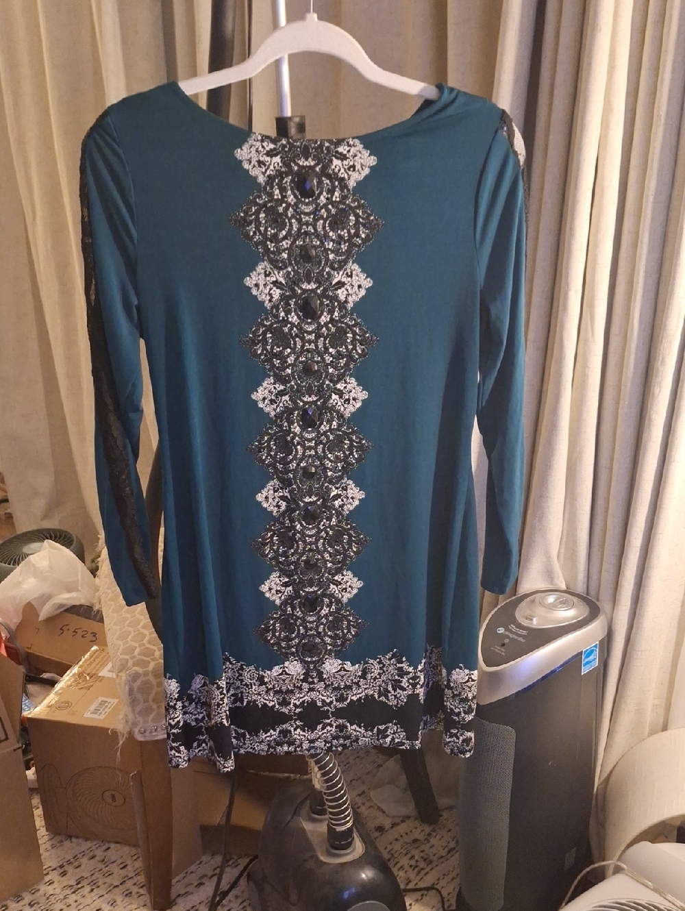 Style & Co. Teal Long-Sleeve Tunic with Black & White Embellishment